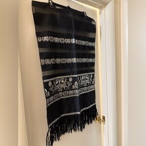 Vintage Silk scarf black with silver thread embroidery.